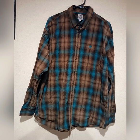 Cinch Plaid Brown and Blue Men's Shirts Size L - Picture 1 of 5